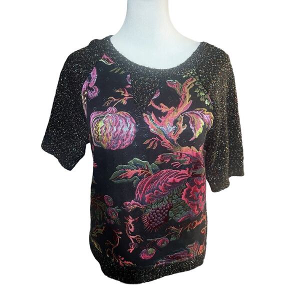 Embroidered Metallic James Coviello Sz Small Petite Black Sweater Fall Florals - Picture 2 of 8